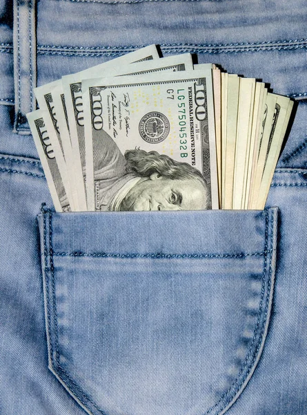 One Hundred Dollar Bills Pocket Blue Jeans — Stock Photo, Image