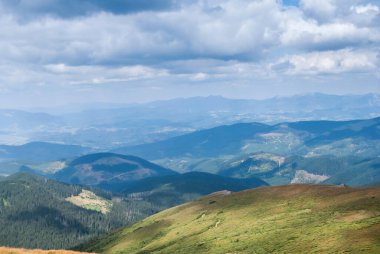 Yazın sisli dağların manzarası Karpatlar, Ukrayna