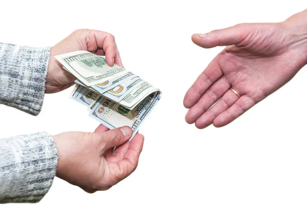 Man Hand Give Woman Hand Dollar Business Sell Buy — Stock Photo, Image