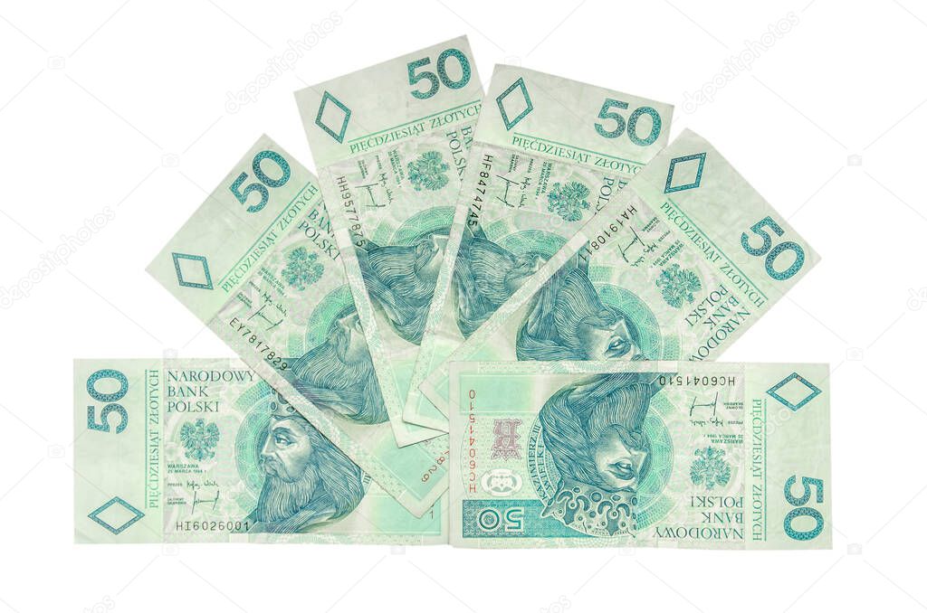 Polish money isolated in white background. PLN of 50