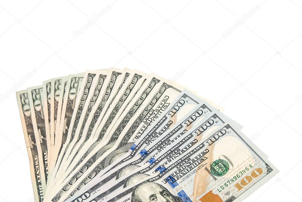 Set of 100 dollar banknotes isolated on white background with clipping path