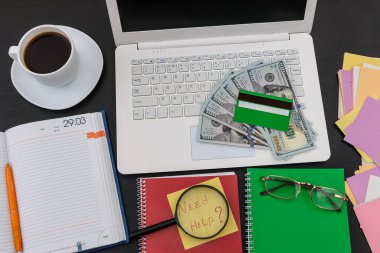 Ofis görünümünde dolar ve kredi kartı olan bir laptop.