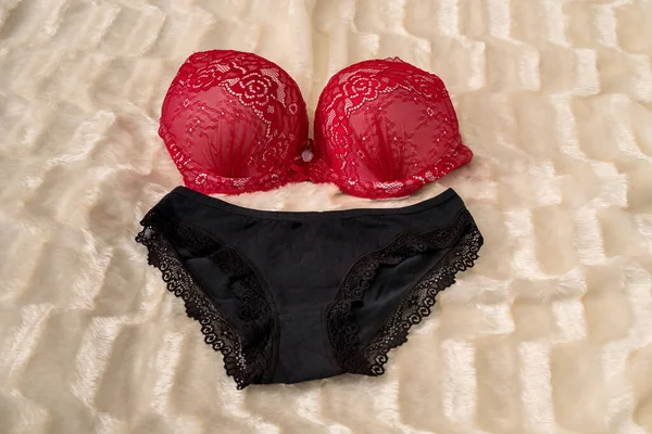 Red Bra Black Panties Beige Cloth — Stock Photo, Image