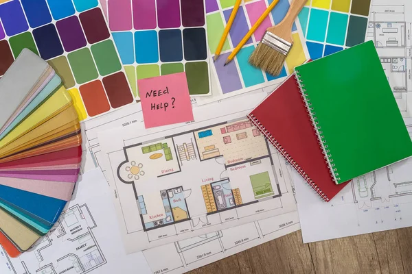 Plano Casa Con Muestras Color Texto Necesita Ayuda — Foto de Stock