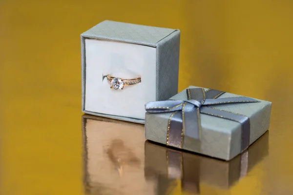 Beautiful Golden Jewellery Gift Box Golden Background — Stok fotoğraf