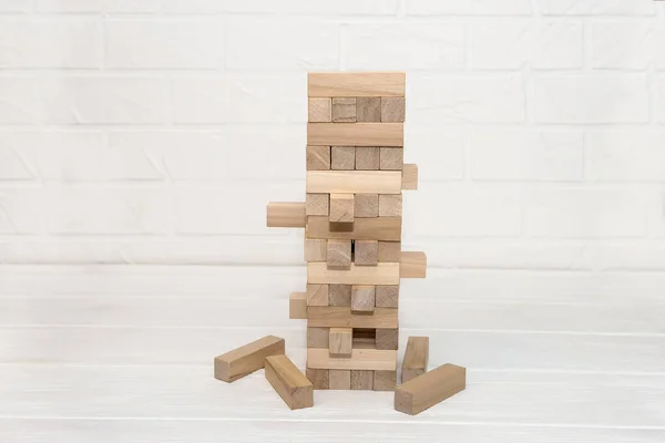 Blocchi Legno Torre Situati Tavola — Foto Stock