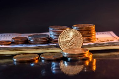 Koyu arkaplanda dolar banknotları ve paralar