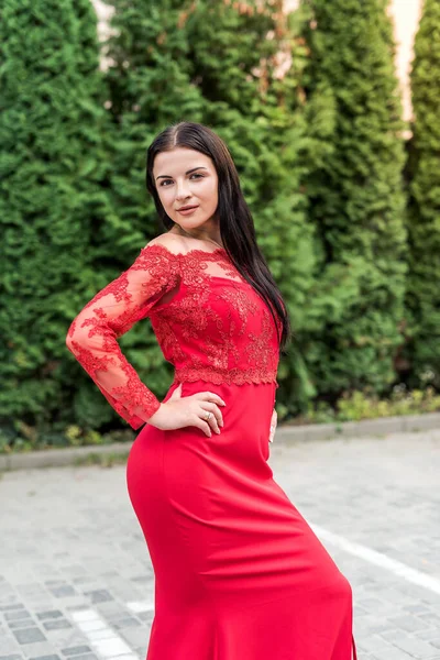 Joven Chica Atractiva Vestido Verano Posando Aire Libre — Foto de Stock