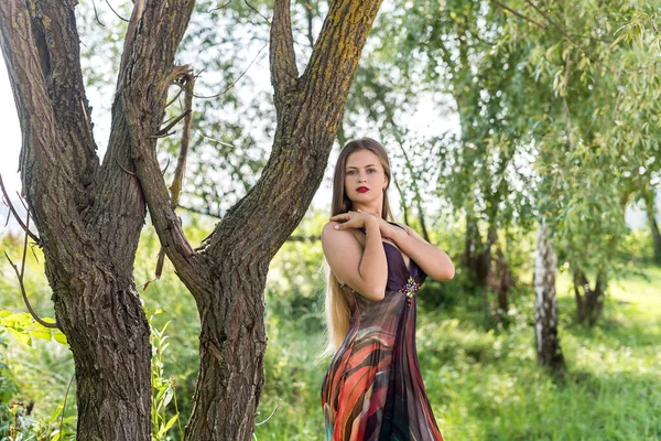 Молодая Привлекательная Девушка Летнем Платье Позирует Открытом Воздухе — стоковое фото