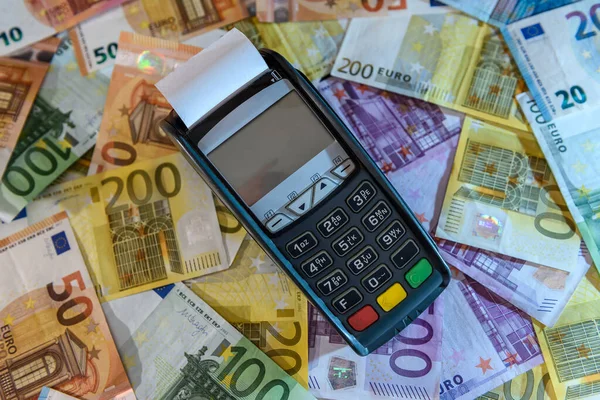 Credit Card Terminal Euro Banknotes Background — Stock Photo, Image
