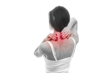 Boyun ağrısı olan bir kadın beyaz tenli.