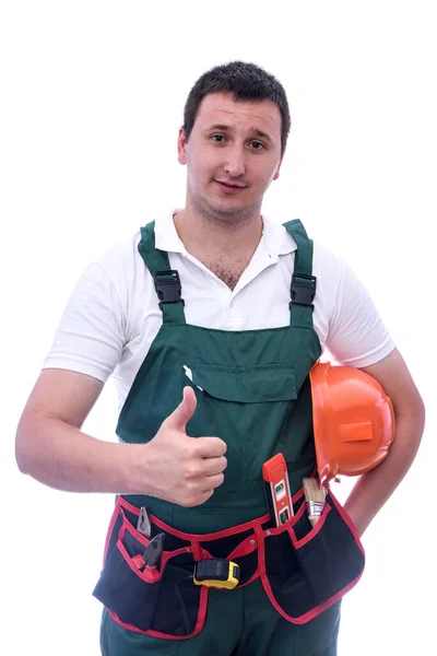 Hombre Uniforme Protector Con Casco Aislado Blanco — Foto de Stock