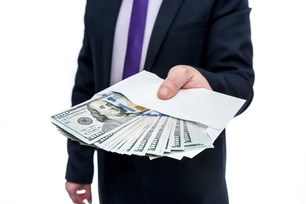 Businessman Holding Dollar Banknotes Envelope Hands — Stock Photo, Image