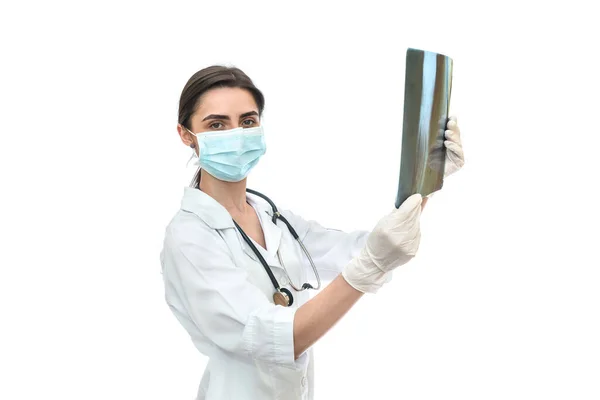 Doctora Examinando Radiografías Aisladas Blanco —  Fotos de Stock