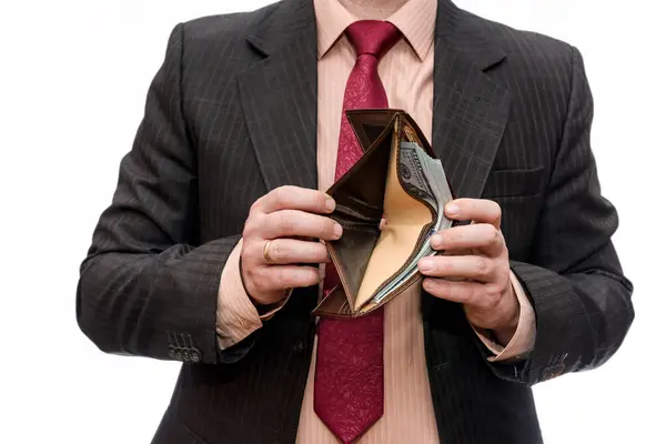 Hombre Mostrando Cartera Vacía Aislado Blanco —  Fotos de Stock