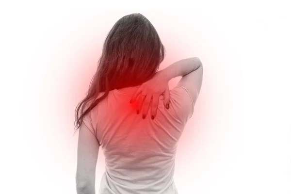 Mujer Con Dolor Cuello Aislado Blanco — Foto de Stock