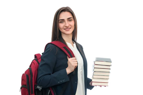 Junges Mädchen Mit Büchern Und Tasche Isoliert Auf Weißem Grund — Stockfoto