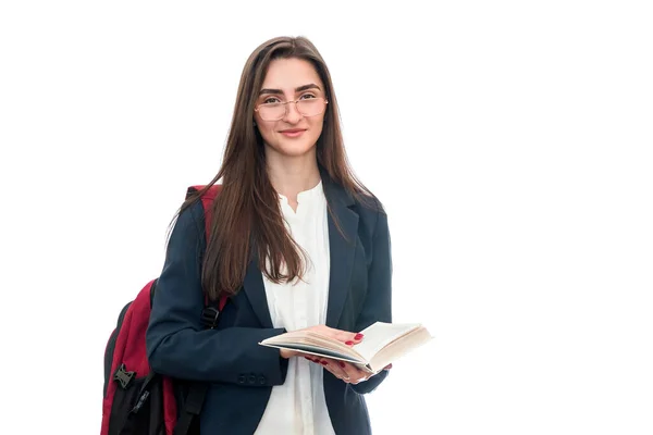 Chica Joven Con Libros Bolsa Aislada Blanco —  Fotos de Stock