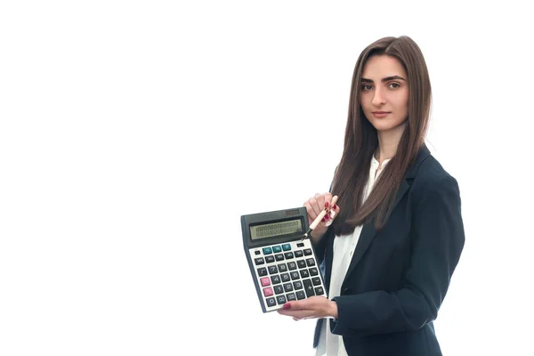 Femme Avec Stylo Calculatrice Isolé Sur Blanc — Photo