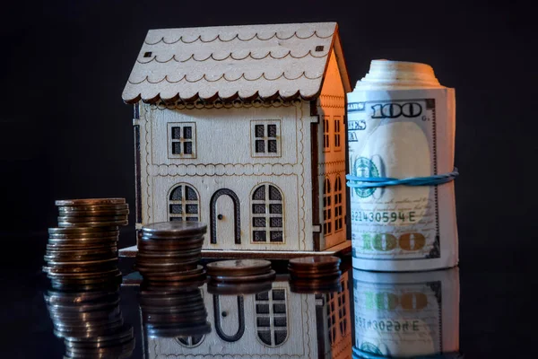 Wooden House Model Dollars Roll Coins — Stock Photo, Image