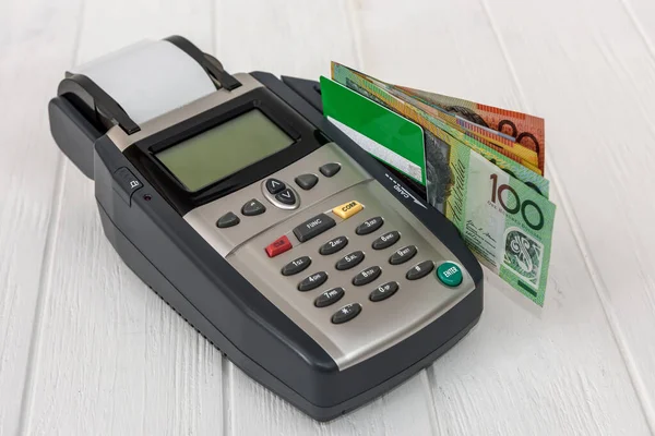 Banking Terminal Credit Card Australian Dollars — Stock Photo, Image