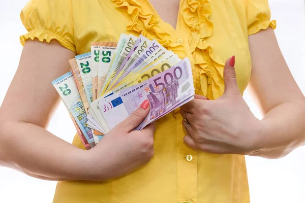 Woman Holding Euro Showing Thumb Stock Picture