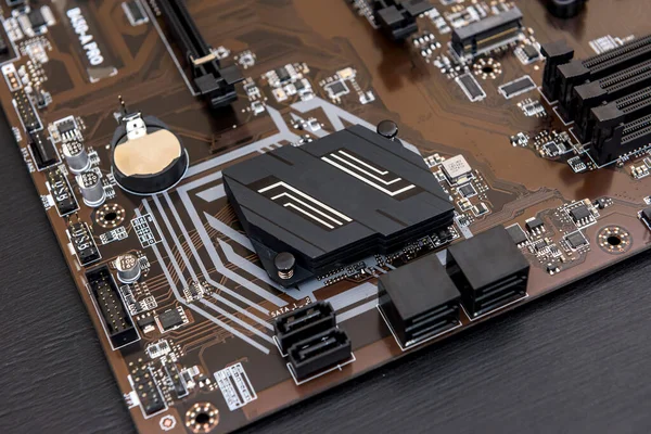 Computermotherboard Auf Dunklem Hintergrund Nahaufnahme — Stockfoto