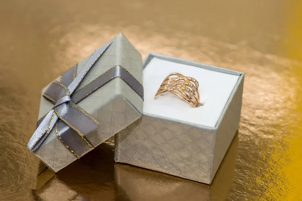 Beautiful Golden Jewellery Gift Box Golden Background — Stok fotoğraf