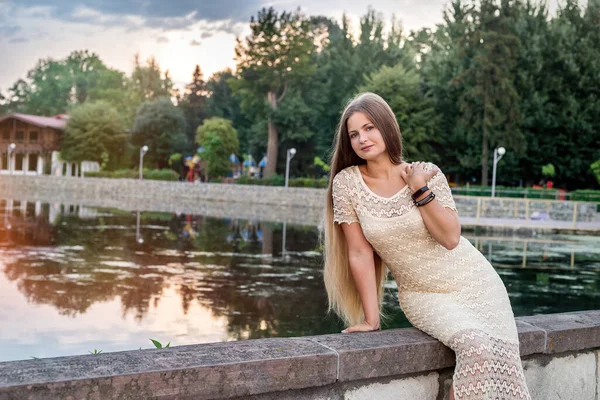Woman Posing Dress Lake Modern City Stock Image