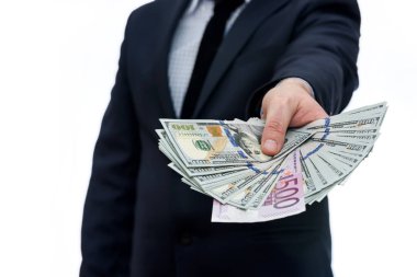 Erkek eli yığınla dolar ve avro banknotları sunuyor