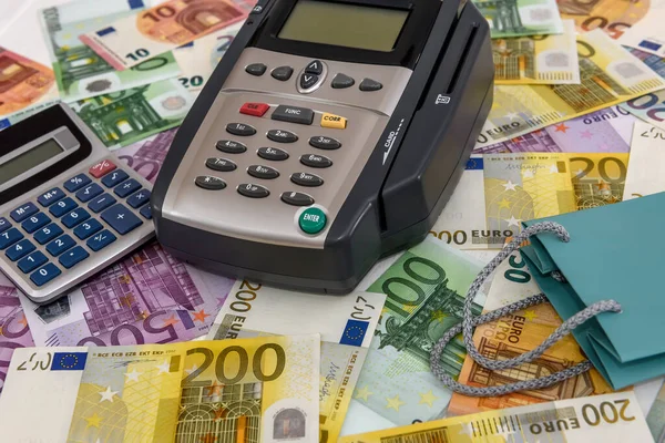 Banking Terminal Euro Banknotes Background Close — Stock Photo, Image