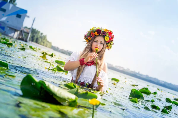 Beautiful Girl Water Lily Standing Water — 스톡 사진