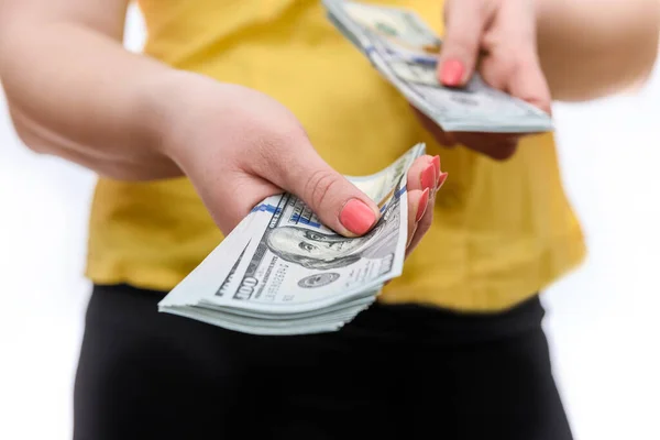 Kvinnliga Händer Med Amerikanska Dollarsedlar Närbild — Stockfoto