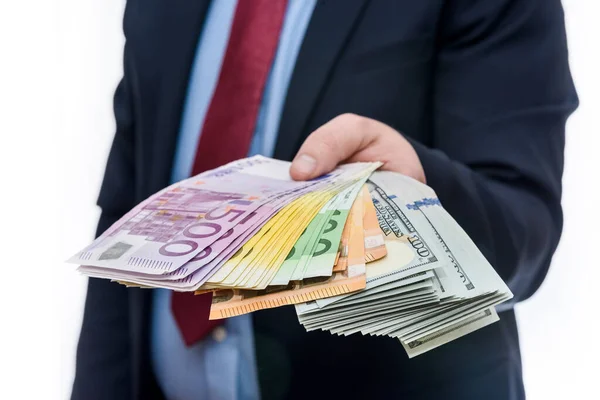 Manliga Händer Som Håller Euro Och Dollarsedlar Nära Varandra — Stockfoto