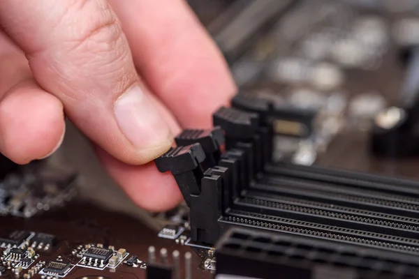 Male Hand Taking Out Ram Memory Motherboard — Stock Photo, Image