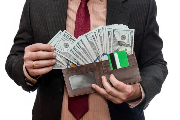 Man Suit Holding Wallet Dollar Banknotes Credit Card — Stock Photo, Image