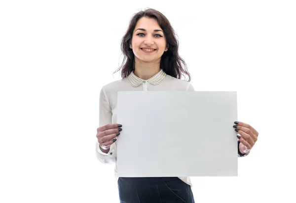 Frau Mit Blatt Papier Isoliert Auf Weiß — Stockfoto