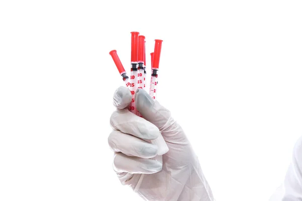 Hand Medical Glove Holding Syringes Isolated White — Stock Photo, Image