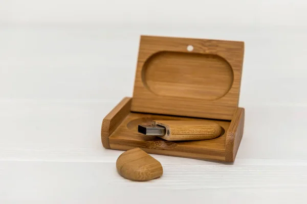 Wooden usb mass storage device on light background