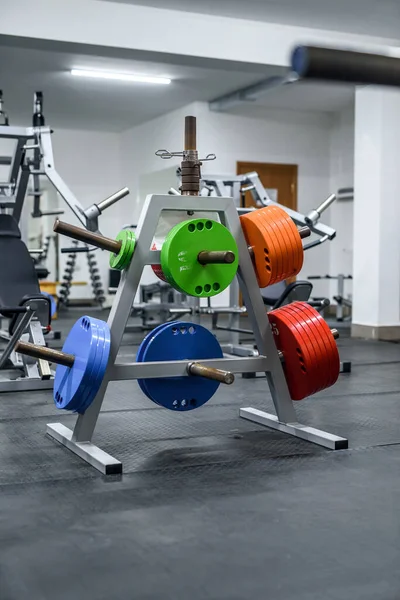 Coloridos Pesos Gimnasio Para Entrenar Con Barra Pesas — Foto de Stock