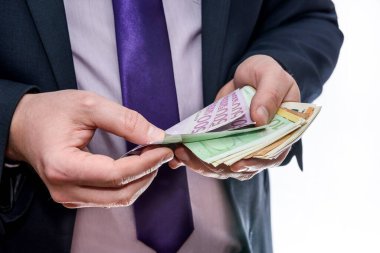 Takım elbiseli adam Euro banknotlarını sayıyor.