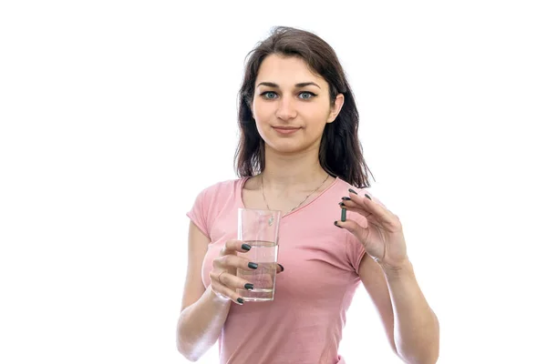 Mujer Sosteniendo Píldora Vaso Agua Aislado Blanco —  Fotos de Stock