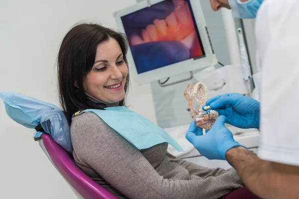 Woman in dentistry looking at model of prosthesis