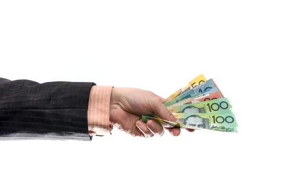 Male Hand Holding Offering Australian Dollar Banknotes — Stock Photo, Image