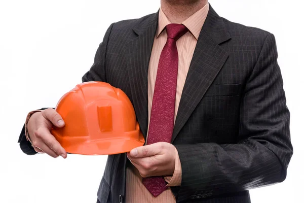 Man Suit Holding Orange Helmet Isolated White — Stock Photo, Image