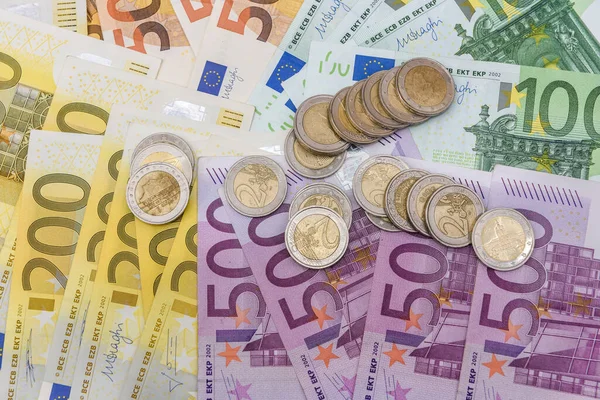 Eurocent Mynt Färgglada Sedlar Närbild — Stockfoto