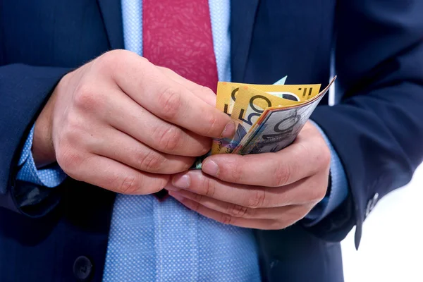 Manos Masculinas Contando Billetes Dólar Australiano Cerca — Foto de Stock