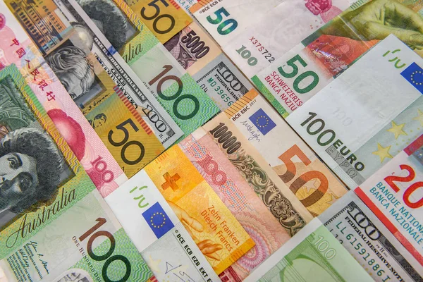 Kolorowe Banknoty Różnych Krajach Jako Tło Blisko — Zdjęcie stockowe
