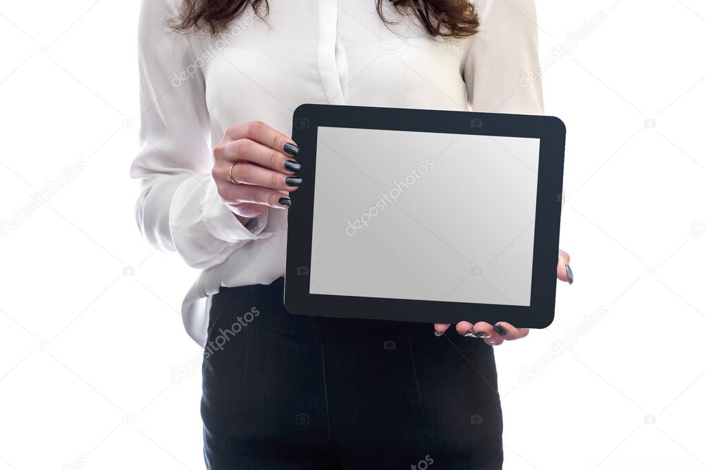 Female hands showing tablet with empty screen close up