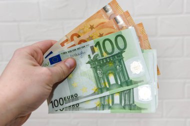 Beyaz tuğla duvara Avro banknotlarıyla el sıkışın